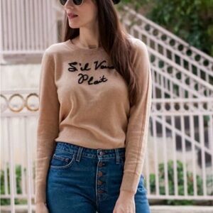 Banana Republic S’il Vous Plait Tan Sweater with Black stitched letters